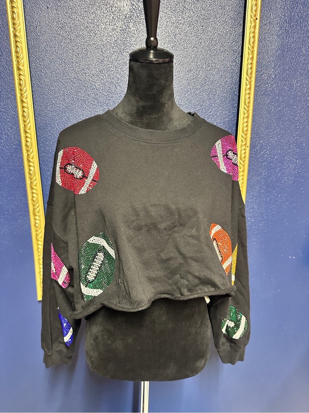 Peach Love Black Cropped Sweater with Crystal Footballs